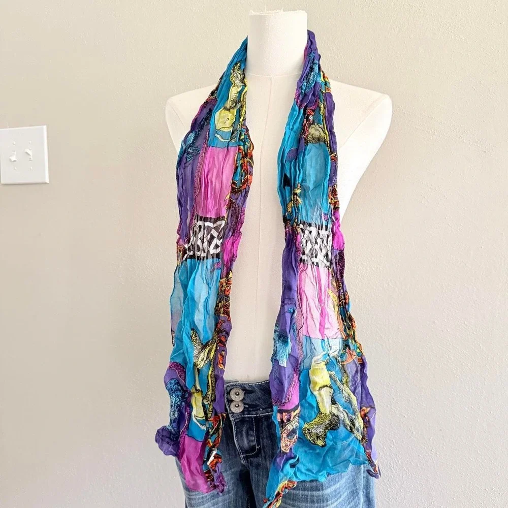Vintage Women's Rayon Crinkle Scarf Wrap Shawl Blue Purple Abstract Artsy Boho